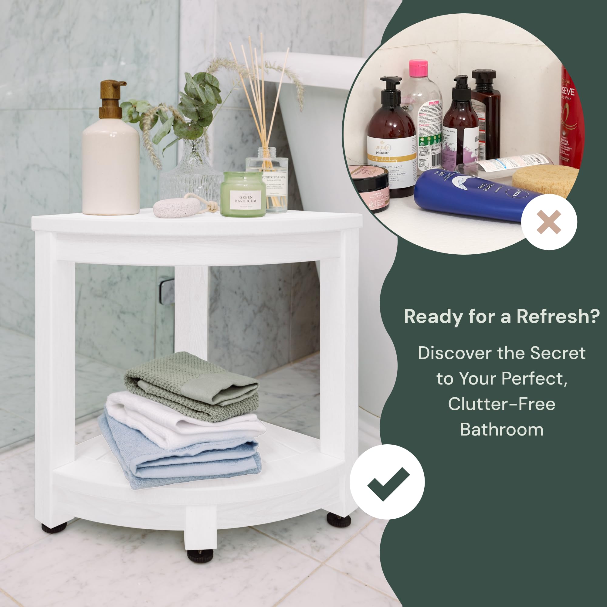 ROHKEX Corner Shower Stool HDPE - Waterproof Shower Bench for Shaving Legs - Easily Assembled Shower Organizer - Shower Seat for Inside Shower (White)