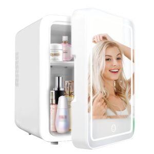 juturnas mini makeup fridge,skincare fridge with cooler or warmer,ac/dc powered,with led light mirror,portable small refrigerator for cosmetics,white