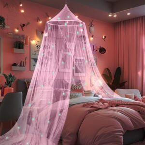 daksha pink princess bed canopy for girls with glowing stars, ceiling tent for kids, fits twin, full, and queen size beds, suitable for indoor room decor and outdoor use