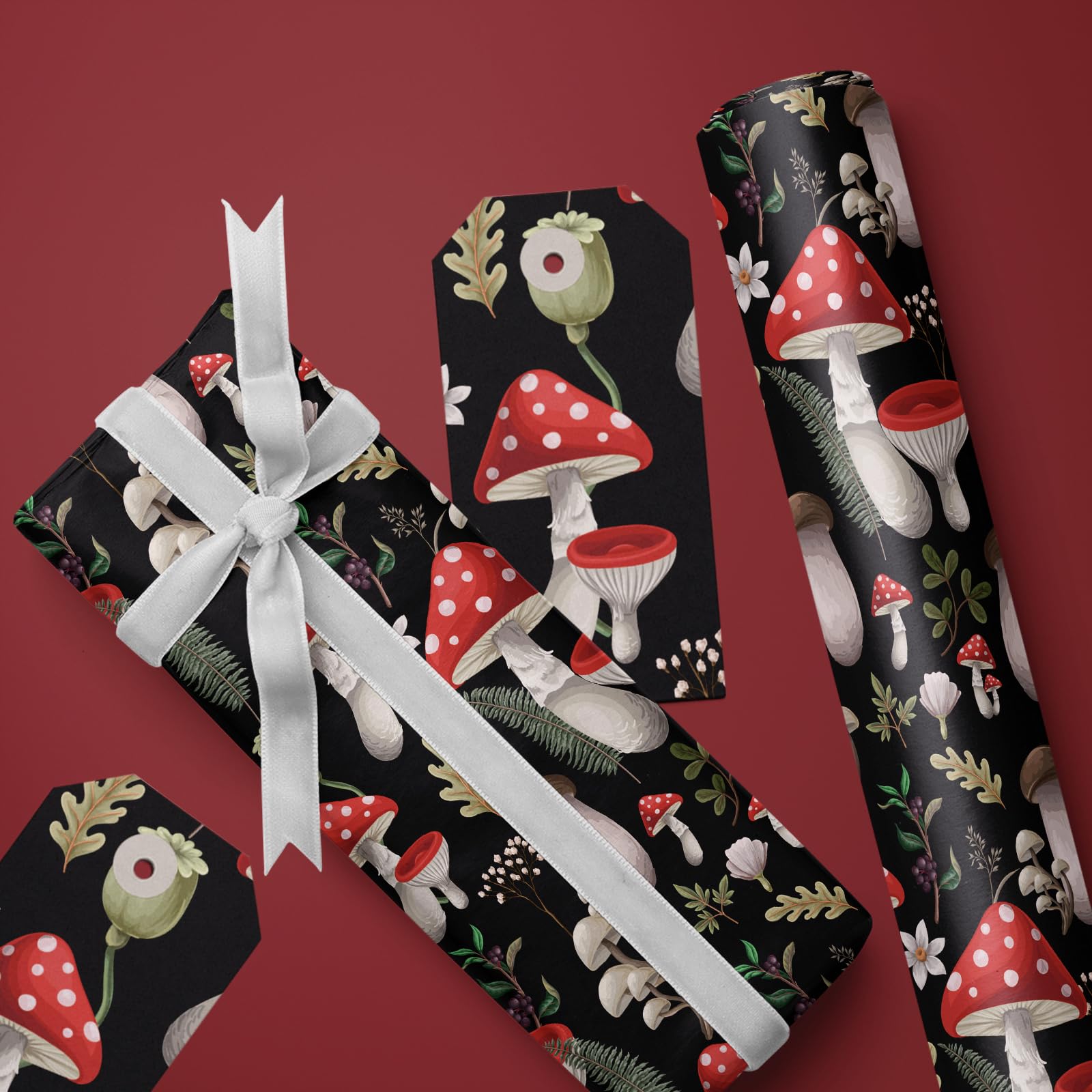 WRAPAHOLIC Mushroom Wrapping Paper Roll - Mini Roll - 17 Inch x 33 Feet - Black Red Mushrooms Plants Design, Perfect for Birthday, Autumn, Party, Holiday