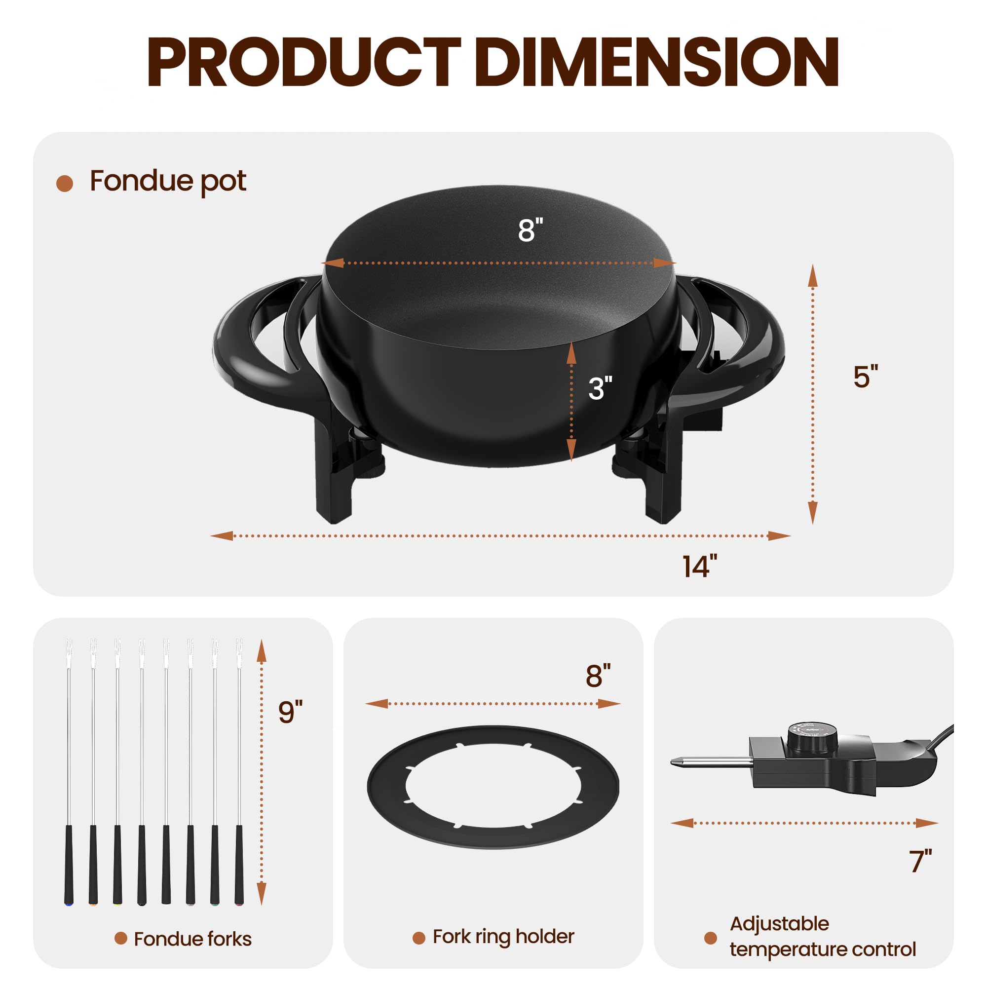 Electric Fondue Pot Set, 3 Quart Fondue Set for Melting Chocolate Cheese with 8 Color-Coded Forks, Adjustable Temp Control, 1000W Non-Stick Fondue Maker for Dessert, Broth and Oil