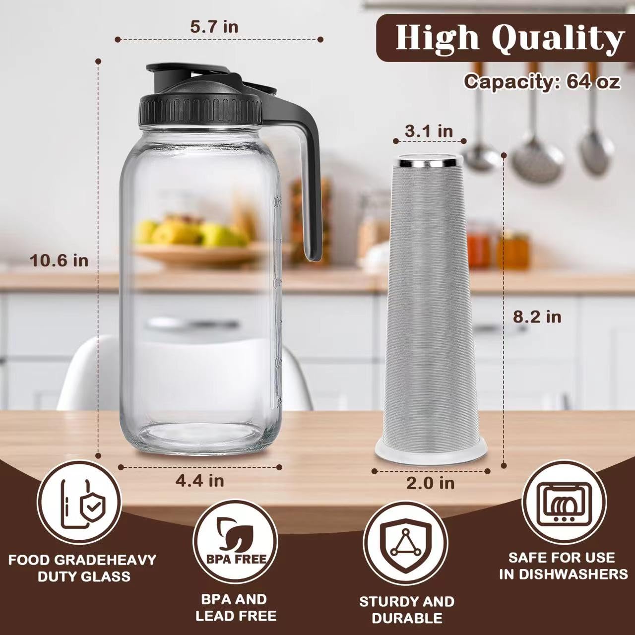 Cold Brew Coffee Maker, 64oz Wide Mouth iced Coffee Pitcher, with Handle & Stainless Steel Filter, Durable Glass, Sturdy mason jar pitcher, for iced coffee & Tea Lemonade, Fruit Drinks