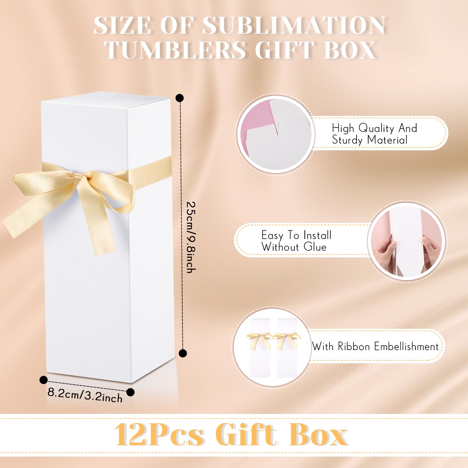 Qilery 12 Sets Gift Boxes with Ribbon for Sublimation Tumbler Gift Boxes for 12oz, 20oz, 30oz Glass Exhibition Boxes Tumbler Boxes for Shipping Cup Boxes Gift Packaging Box for Tumbler Cup (White)