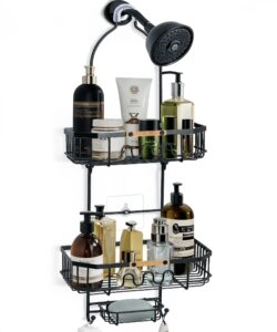 gronda shower caddy hanging over shower head, rustproof anti-slip anti-swing black shower head caddy hanging for inside shower with hooks and adhesives