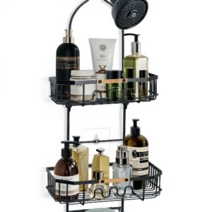 Gronda Shower Caddy Hanging Over Shower Head, Rustproof Anti-Slip Anti-Swing Black Shower Head Caddy Hanging for Inside Shower with Hooks and Adhesives