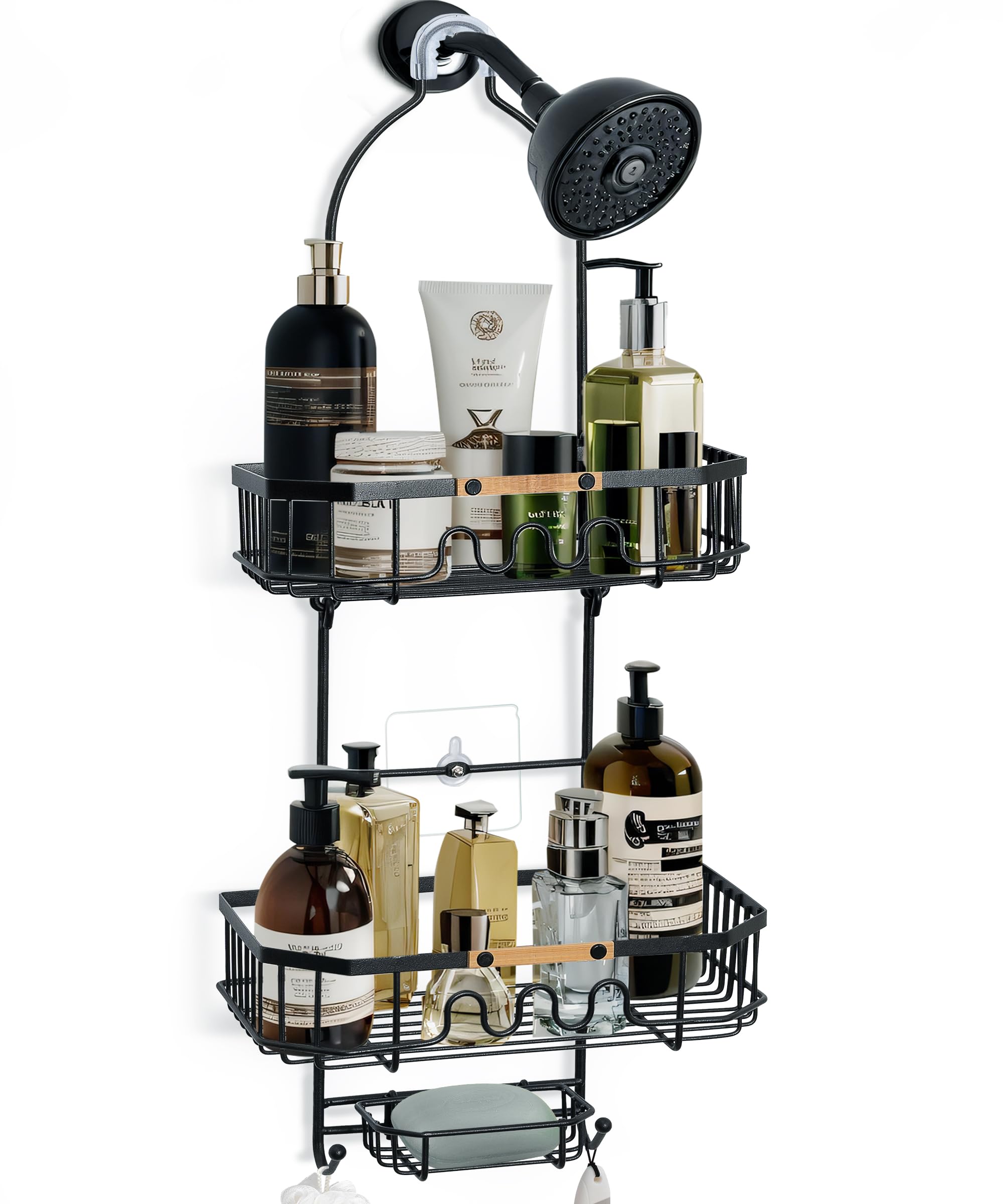 Gronda Shower Caddy Hanging Over Shower Head, Rustproof Anti-Slip Anti-Swing Black Shower Head Caddy Hanging for Inside Shower with Hooks and Adhesives