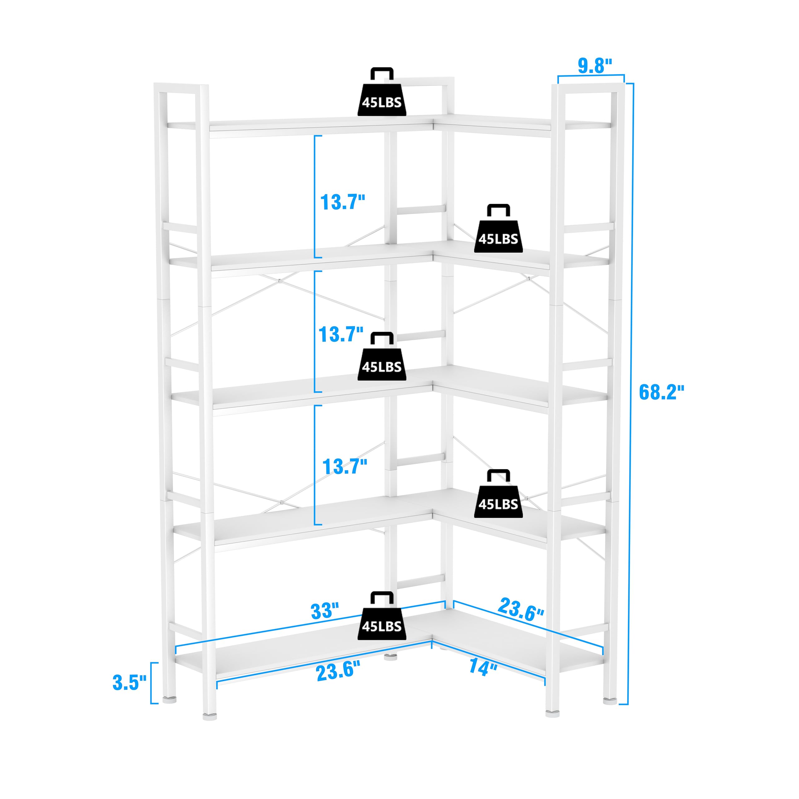 Lazyvan White Corner Bookshelf,5 Tiers Corner Shelf with Open Storage,L Shaped Shelves for Home Office,Living Room,Bedroom