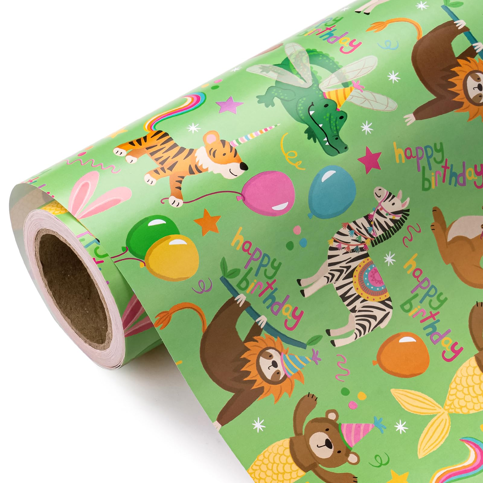 WRAPAHOLIC Animal Kids Birthday Wrapping Paper Roll - Mini Roll - 17 Inch x 33 Feet - Baby Animal Birthday Design, Perfect for Birthday, Party, Holiday