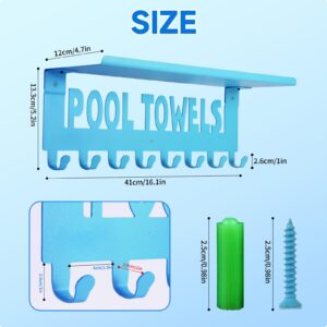 Kuhome Pool Towel Racks with Shelf Outdoor Pool Decor Wall Mount Towel Hooks Towel Holder with 8 Hooks Blue Towel Storage Hanger Organizer for Bathroom Pool Accessories