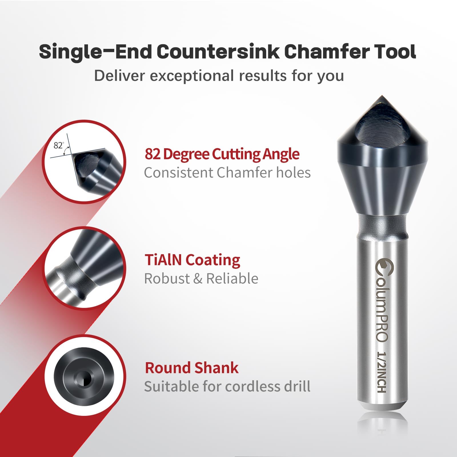 ColumPRO TiAlN Cobalt Single-End Countersink Chamfer Tool - Heavy-Duty M35 82-Degree Countersink Bit for Metal, Stainless Steel, Copper, Wood, Fiberboard, 1/2"