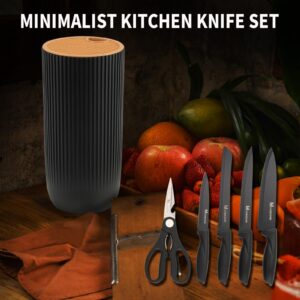 Howashin Knife Set, 6-Piece Black Professional Stainless Steel Knives Set for kitchen with Universal Knife Block - Non-Stick Sharp Blade Chef Knife Set with Cylindrical Knife Block for Gift.