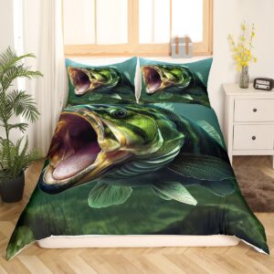 Erosebridal Big Bass Fish Bed Set Sea Ocean Animal Duvet Cover, Pike Fish Print Full Bedding Sets Hunting and Fishing Comforter Cover, Rustic Lake River House Farmhouse Bed Cover Lightweight