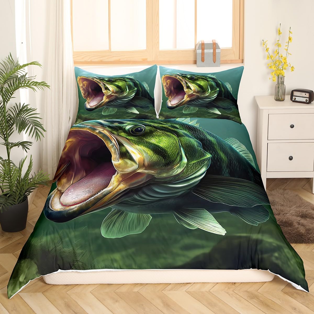 Erosebridal Big Bass Fish Bed Set Sea Ocean Animal Duvet Cover, Pike Fish Print Full Bedding Sets Hunting and Fishing Comforter Cover, Rustic Lake River House Farmhouse Bed Cover Lightweight