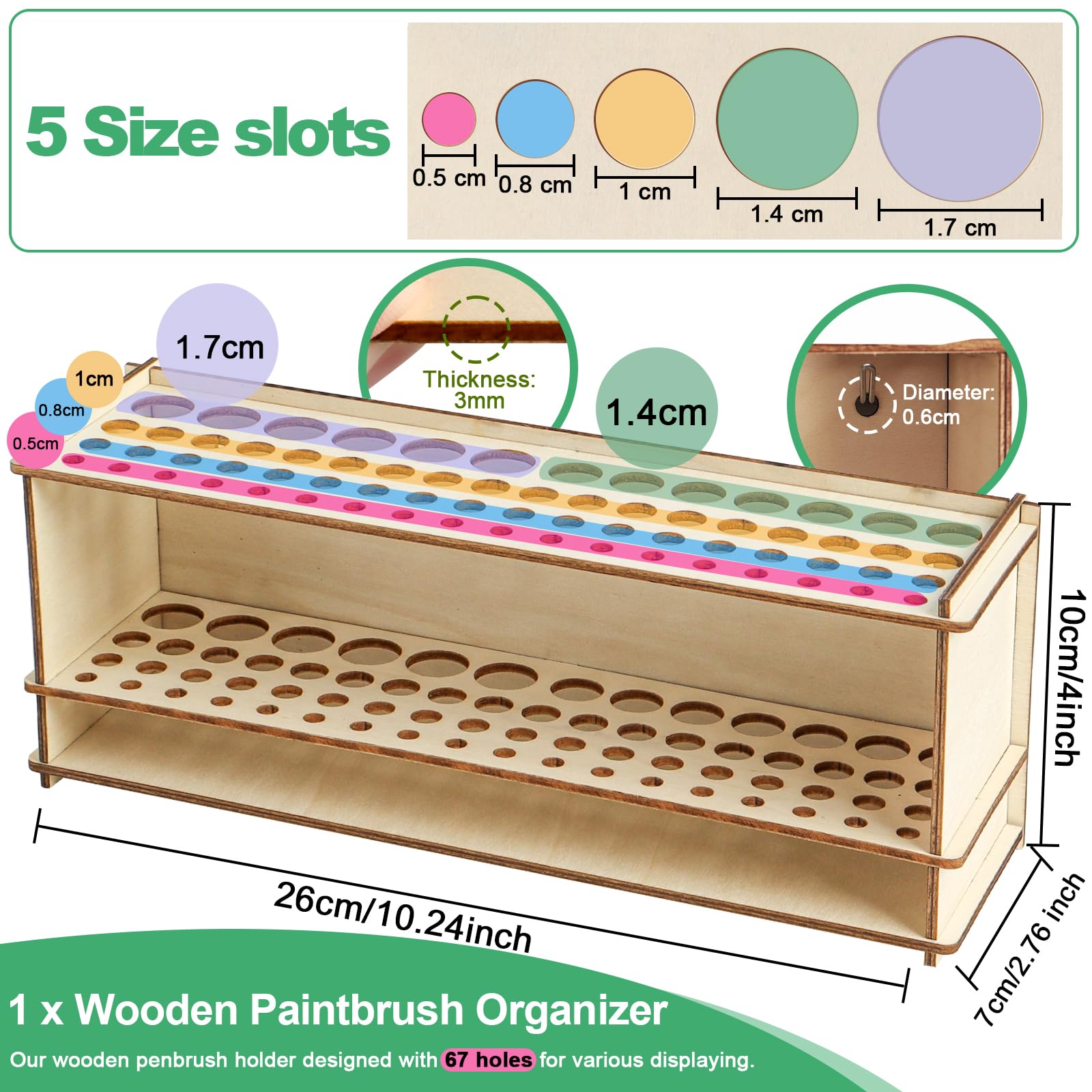 SBYURE Wooden Paint Brush Holder Artist Brush Holder 67 Hole Paintbrush Holder Organizer Wood Paint Brush Rack for Pens Pencils and Art Tools