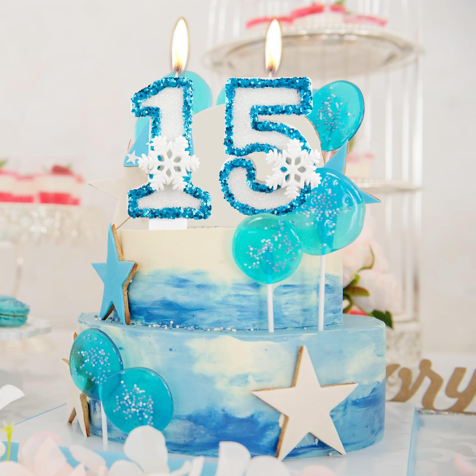 iNINGER Frozen Snow Themed Birthday Candles,Snowflake Birthday Candles Number 5 Candle,Snow Themed Birthday Candles for Cake,Blue White Birthday Candles Cake Toppers Birthday Party Supplies