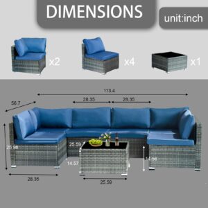 Generic 7-Piece Patio Furniture Set Wicker Sectional Outdoor Sofa Set with Coffee Table and Pillows, All Weather Assembled Patio Furniture for Apartment, Garden, Backyard and Poolside (Grey-Blue)