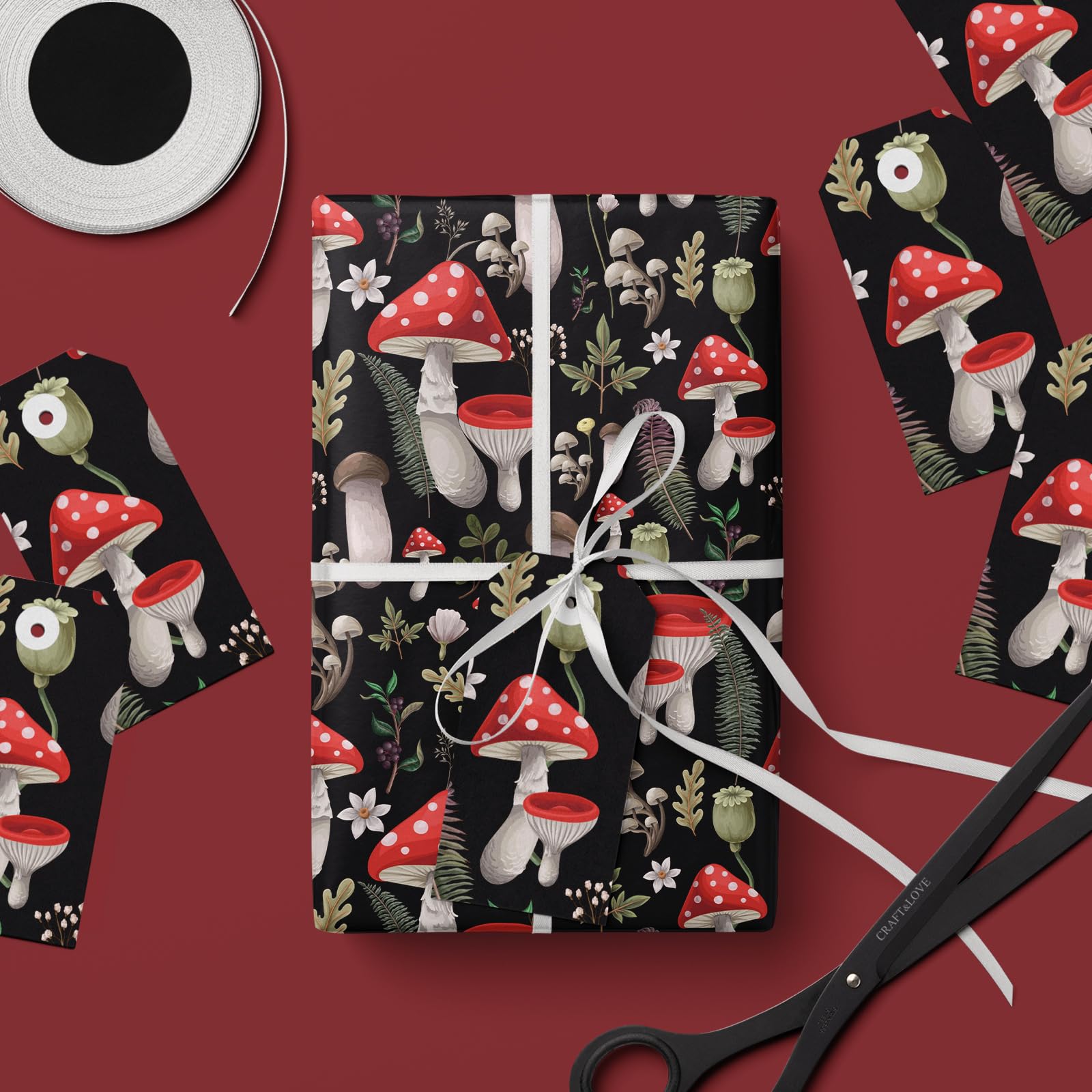 WRAPAHOLIC Mushroom Wrapping Paper Roll - Mini Roll - 17 Inch x 33 Feet - Black Red Mushrooms Plants Design, Perfect for Birthday, Autumn, Party, Holiday