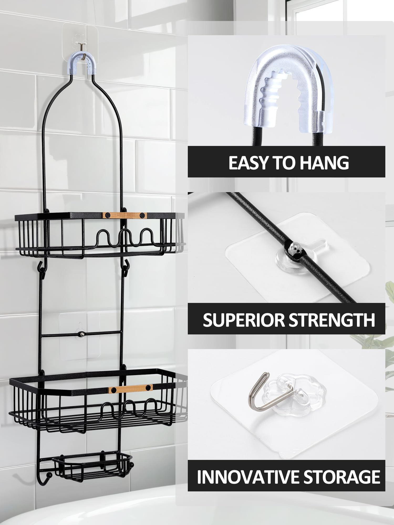 Gronda Shower Caddy Hanging Over Shower Head, Rustproof Anti-Slip Anti-Swing Black Shower Head Caddy Hanging for Inside Shower with Hooks and Adhesives