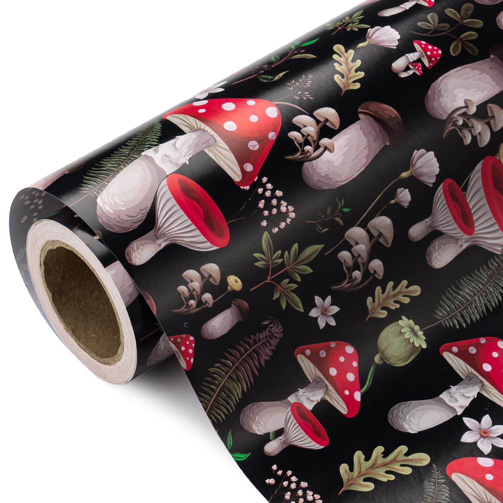 WRAPAHOLIC Mushroom Wrapping Paper Roll - Mini Roll - 17 Inch x 33 Feet - Black Red Mushrooms Plants Design, Perfect for Birthday, Autumn, Party, Holiday