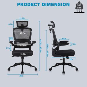 Nusetx Ergonomic Office Chair, Adjustable Home Computer Desk Chair with Lumbar Support, Headrest, Flip-Up Armrests, High-Back Mesh Executive Task Chair (1 Pack, Black)