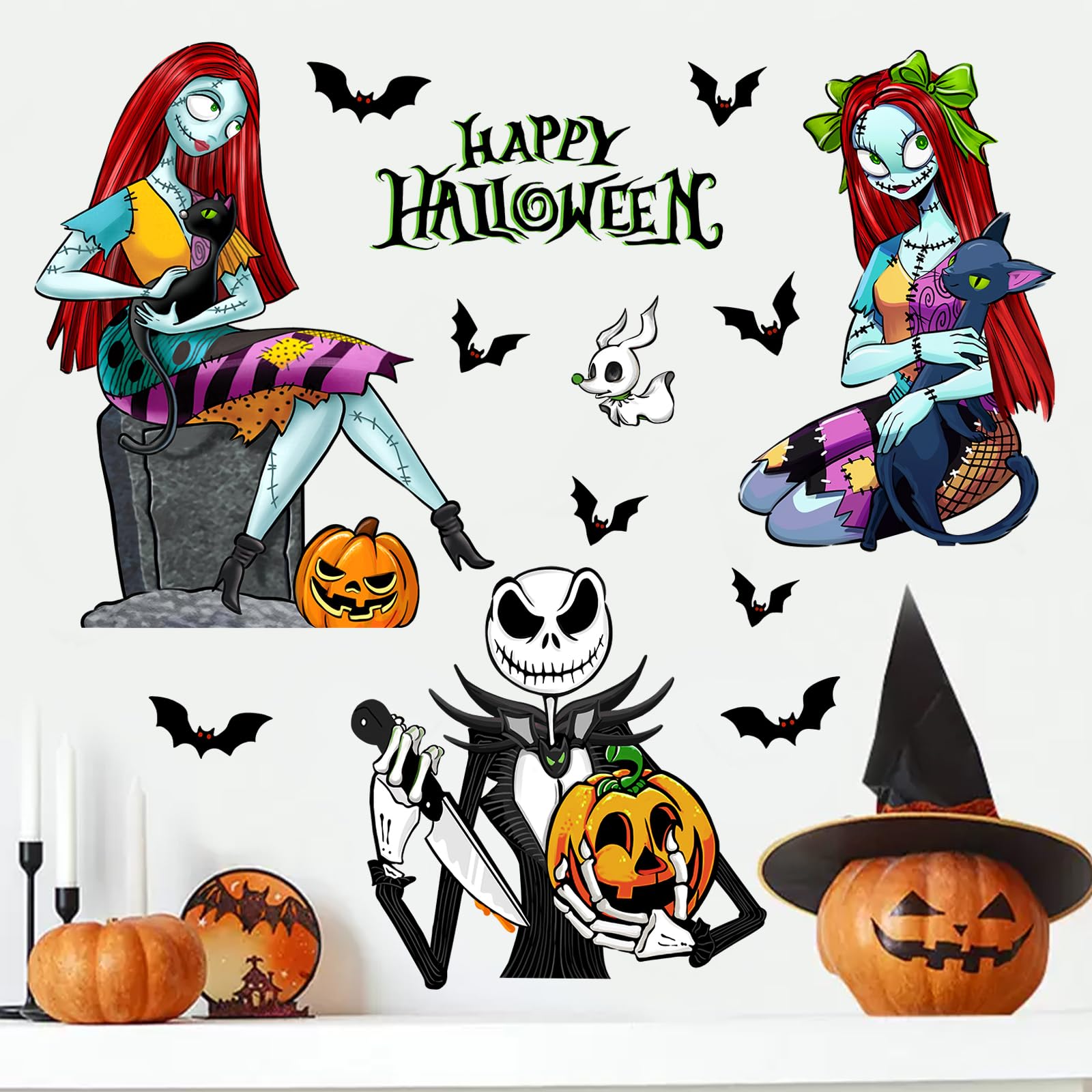 Mfault Happy Halloween Jack Skellington Wall Decals Stickers, Sally Jack O Lantern Pumpkin Decorations Bedroom Art, Funny Black Cat Bat Home Kitchen Living Room Decor