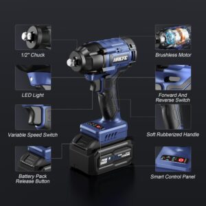 HreFe Cordless Impact Wrench 1/2 inch, 405Ft-lbs (550N.m) Power Impact Drill Set or Tools, 3200RPM High Torque Impact Driver, 2 x 4.0Ah Battery, 4 Sockets, Charger, Electric Impact Gun for Lug Nut