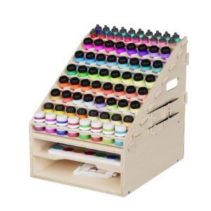 jxgzyy wooden paint organizer paint rack with 2 tier open shelves paint holder for 76 paint bottles 8 paint brush craft organizer and storage for art tools ink bottles miniature paint