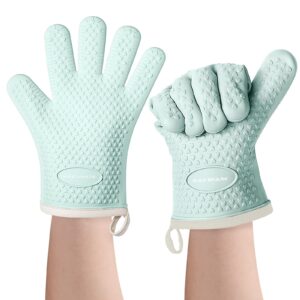 mad shark silicone oven mitts heat resistant 450 degrees with waterproof & non-slip oven gloves with fingers, silicone oven gloves kitchen mittens for baking cooking barbecue (green)