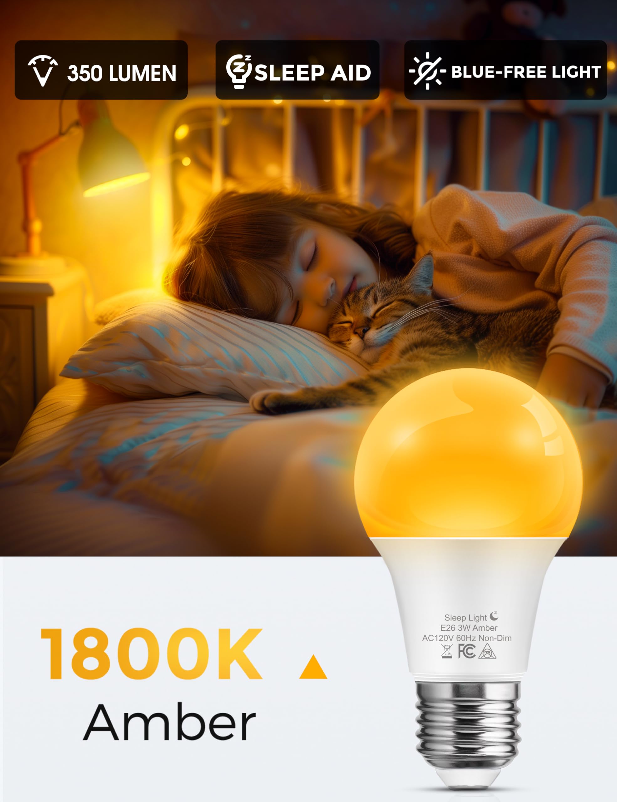 L LOHAS LED Sleep aid Amber Light Bulbs, Blue Light Blocking, A19 3W(40 Watt Equivalent) Dim Light Bulbs, 1800K Warm Light Bulb, E26 Base, 2 Pack