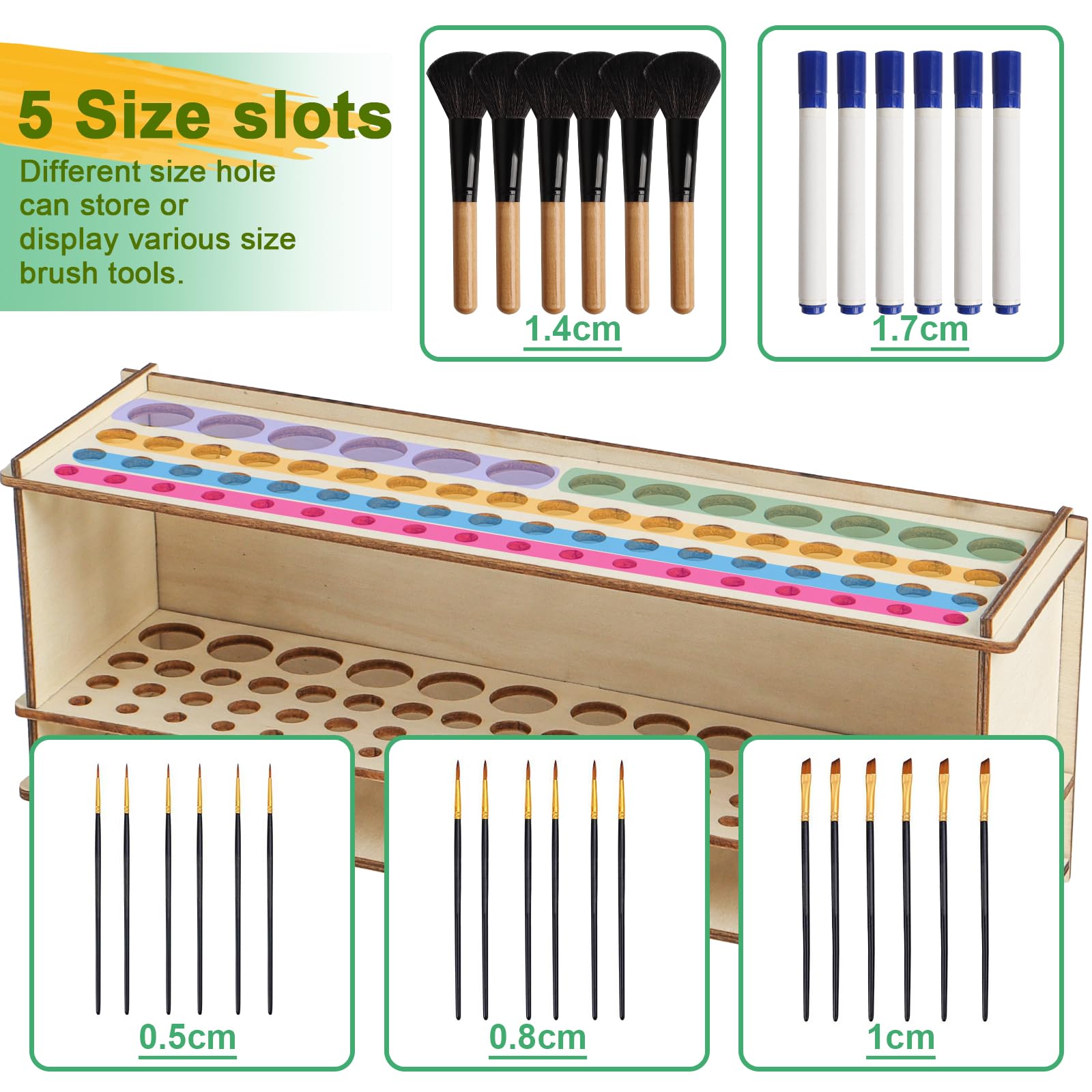 SBYURE Wooden Paint Brush Holder Artist Brush Holder 67 Hole Paintbrush Holder Organizer Wood Paint Brush Rack for Pens Pencils and Art Tools