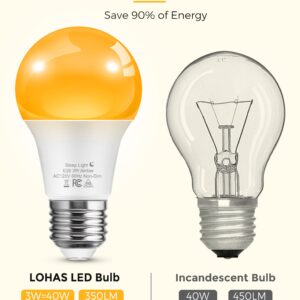 L LOHAS LED Sleep aid Amber Light Bulbs, Blue Light Blocking, A19 3W(40 Watt Equivalent) Dim Light Bulbs, 1800K Warm Light Bulb, E26 Base, 2 Pack