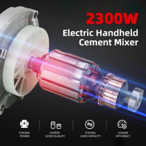 Cement Mixer,2300W Handheld Electric Concrete Mixer with 6 Adjustable Speed, 110V Portable Mud Mixer Paint Mixer for Motar Grout Plaster Thinset Fodder Stirring Tool