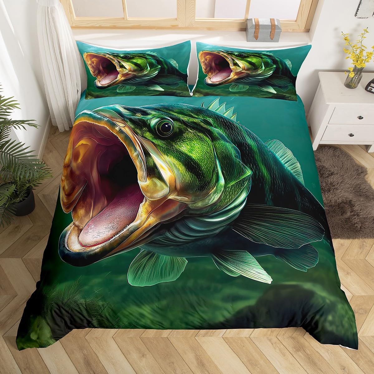 Erosebridal Big Bass Fish Bed Set Sea Ocean Animal Duvet Cover, Pike Fish Print Full Bedding Sets Hunting and Fishing Comforter Cover, Rustic Lake River House Farmhouse Bed Cover Lightweight