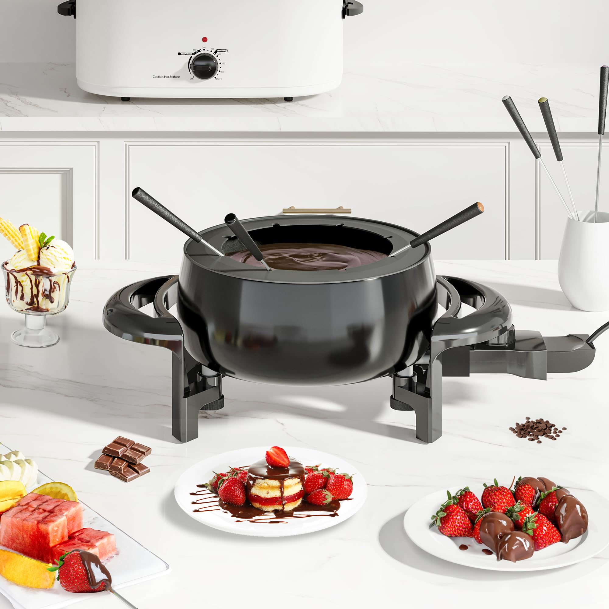 Electric Fondue Pot Set, 3 Quart Fondue Set for Melting Chocolate Cheese with 8 Color-Coded Forks, Adjustable Temp Control, 1000W Non-Stick Fondue Maker for Dessert, Broth and Oil