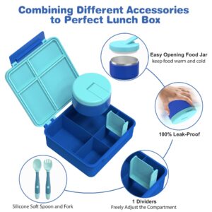 Kids Bento Lunch Box with 8oz Soup Thermo, Water Bottle, Kids Leakproof Lunch Food Containers with 4 Compartment, Kids Insulated Hot Food Jar with Lunch Bag for School, Trvael (Blue)