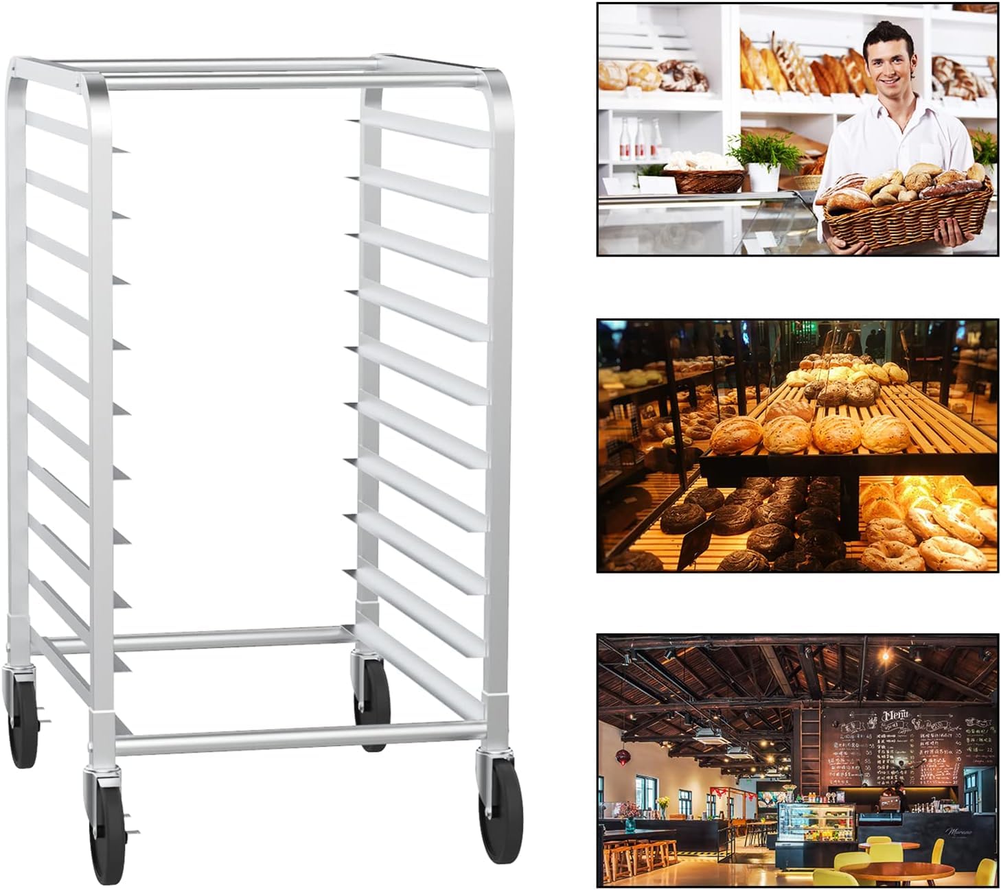 ROVSUN 10-Tiers Sheet Bun Pan Speed Bakery Tray Racks, Commercial Stainless Steel Baking Racks with Brake Wheels, Push Bread Tray Food Cart, Perfect for Kitchen/Dining Rooms