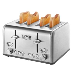 vevor retro stainless steel toaster, 4 slice, 1625w 1.5'' extra wide slots toaster with removable crumb tray 6 browning level, reheat cancel defrost and bagel functions for toasting bread bagel waffle