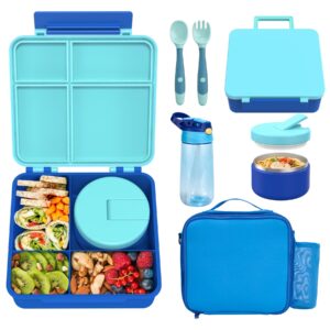 kids bento lunch box with 8oz soup thermo, water bottle, kids leakproof lunch food containers with 4 compartment, kids insulated hot food jar with lunch bag for school, trvael (blue)