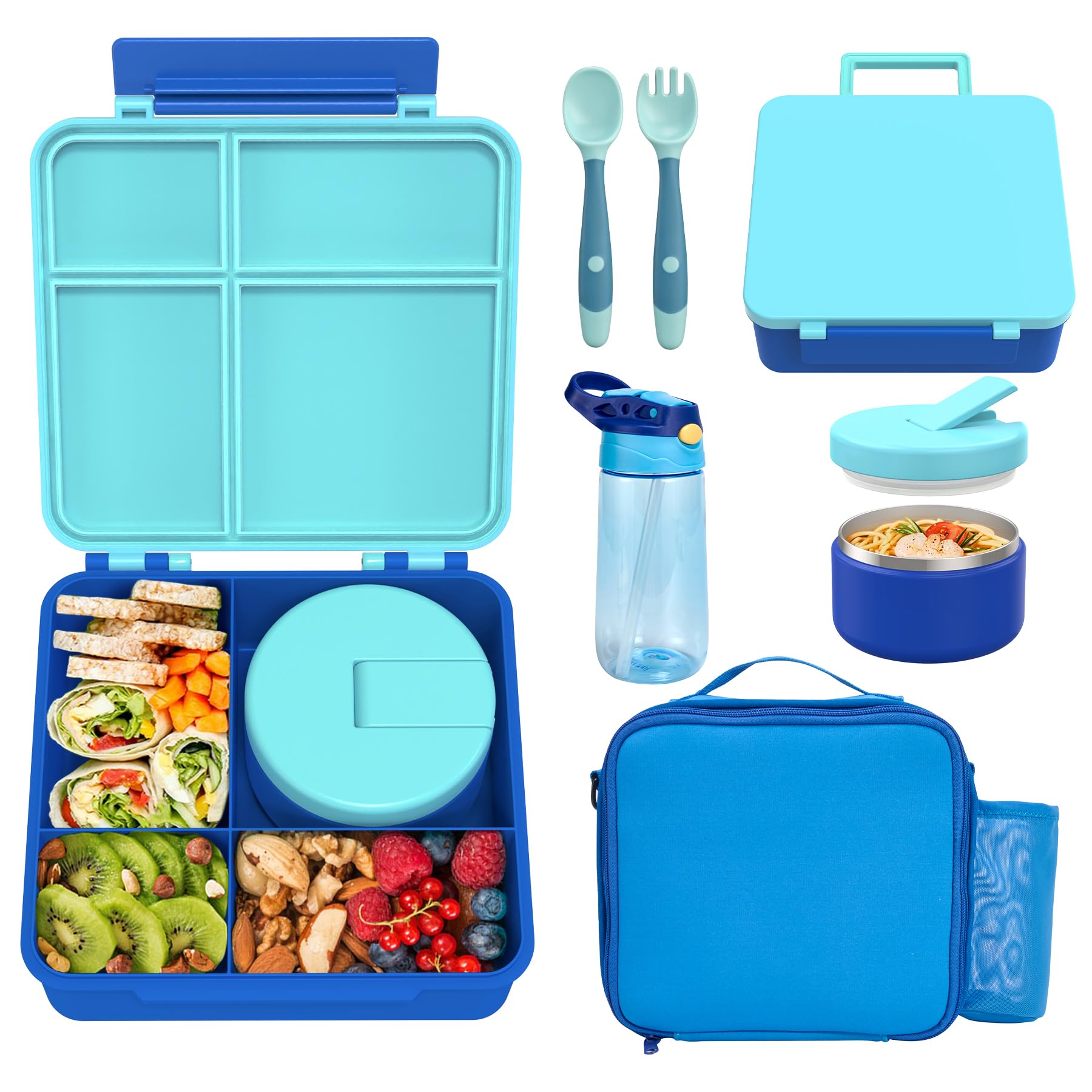 Kids Bento Lunch Box with 8oz Soup Thermo, Water Bottle, Kids Leakproof Lunch Food Containers with 4 Compartment, Kids Insulated Hot Food Jar with Lunch Bag for School, Trvael (Blue)