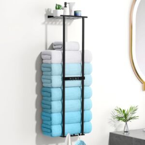 kljkpa towel racks for bathroom, upgrade wall mounted towel rack holder with metal shelf, bathroom towel storage holder organizer for rolled folded towels (black)