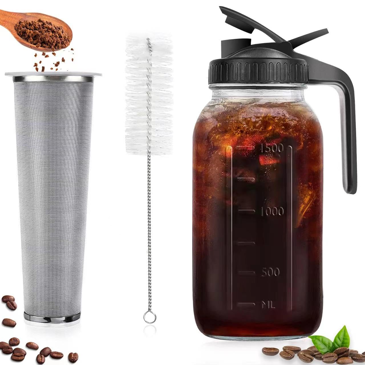 Cold Brew Coffee Maker, 64oz Wide Mouth iced Coffee Pitcher, with Handle & Stainless Steel Filter, Durable Glass, Sturdy mason jar pitcher, for iced coffee & Tea Lemonade, Fruit Drinks