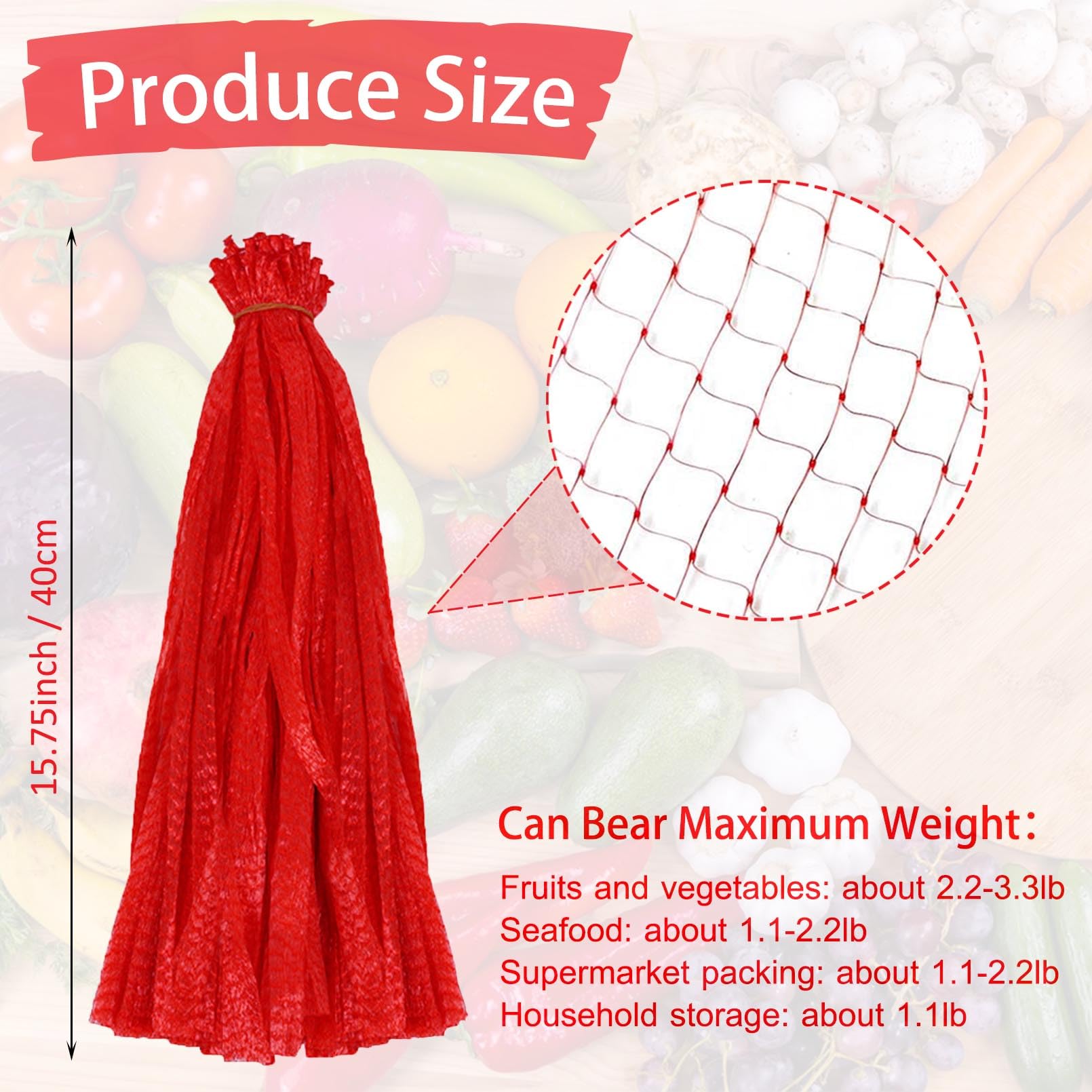 COTELEEC 100Pcs Reusable Mesh Produce Bags, 16 Inch Stretchable Mesh Vegetable Bags for Vegetables Onion Potato Storage Fruits Seafood (100Pcs-red)