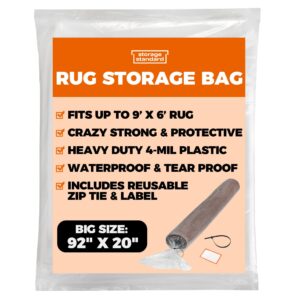 heavy duty rug storage bag - reusable rug shipping bag, waterproof plastic rug cover - fits rolled carpet up to 6 x 9 feet, 4 mil thick tear proof plastic storage bag - 1 clear bag, 92 x 20 inches