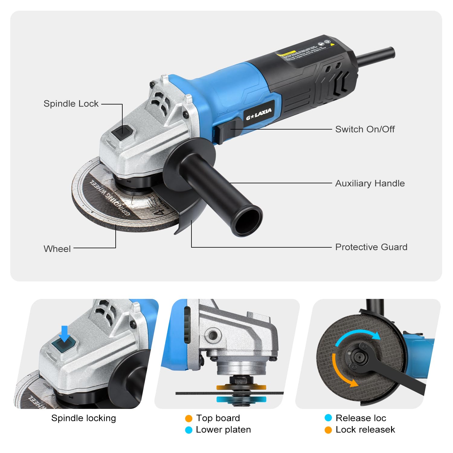 G LAXIA Angle Grinder，4 Amp Electric Grinder Tool with Grinding and Cutting Wheels, Auxiliary Handle for Cutting, Grinding, Polishing and Rust Removal