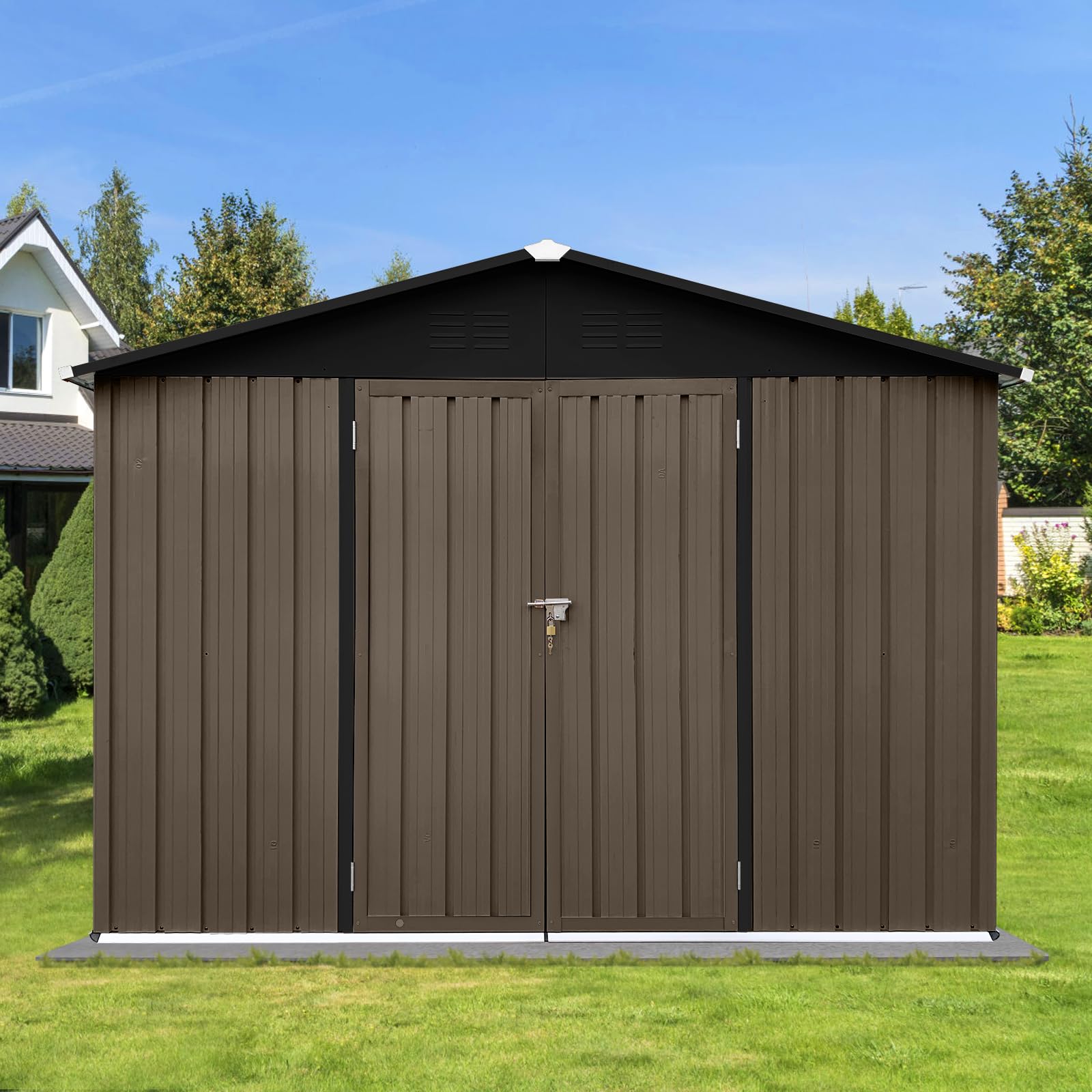 Generic Metal Garden Sheds 10ftx8ft Outdoor Storage Sheds Brown+Black with Window, W1350S00035