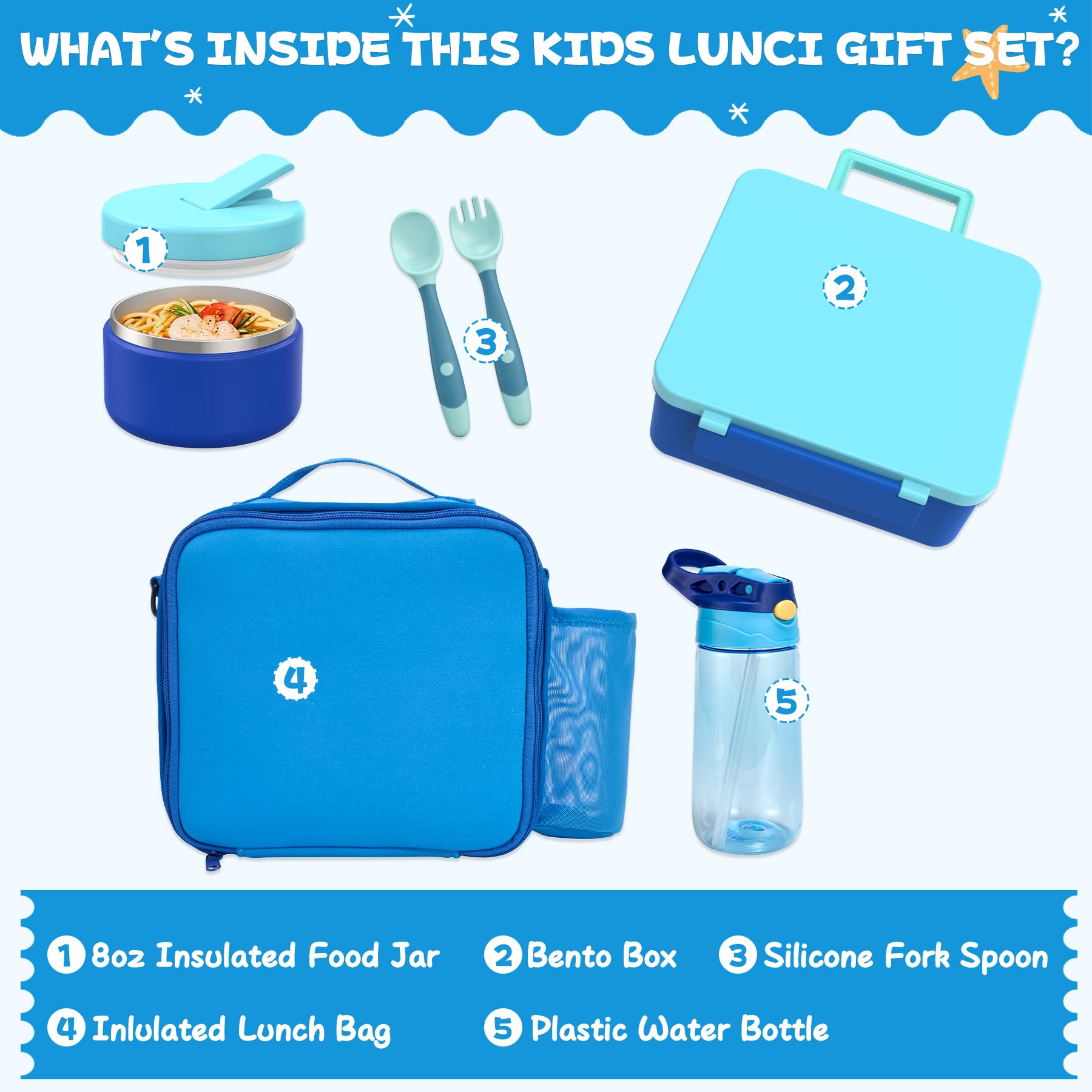 Kids Bento Lunch Box with 8oz Soup Thermo, Water Bottle, Kids Leakproof Lunch Food Containers with 4 Compartment, Kids Insulated Hot Food Jar with Lunch Bag for School, Trvael (Blue)