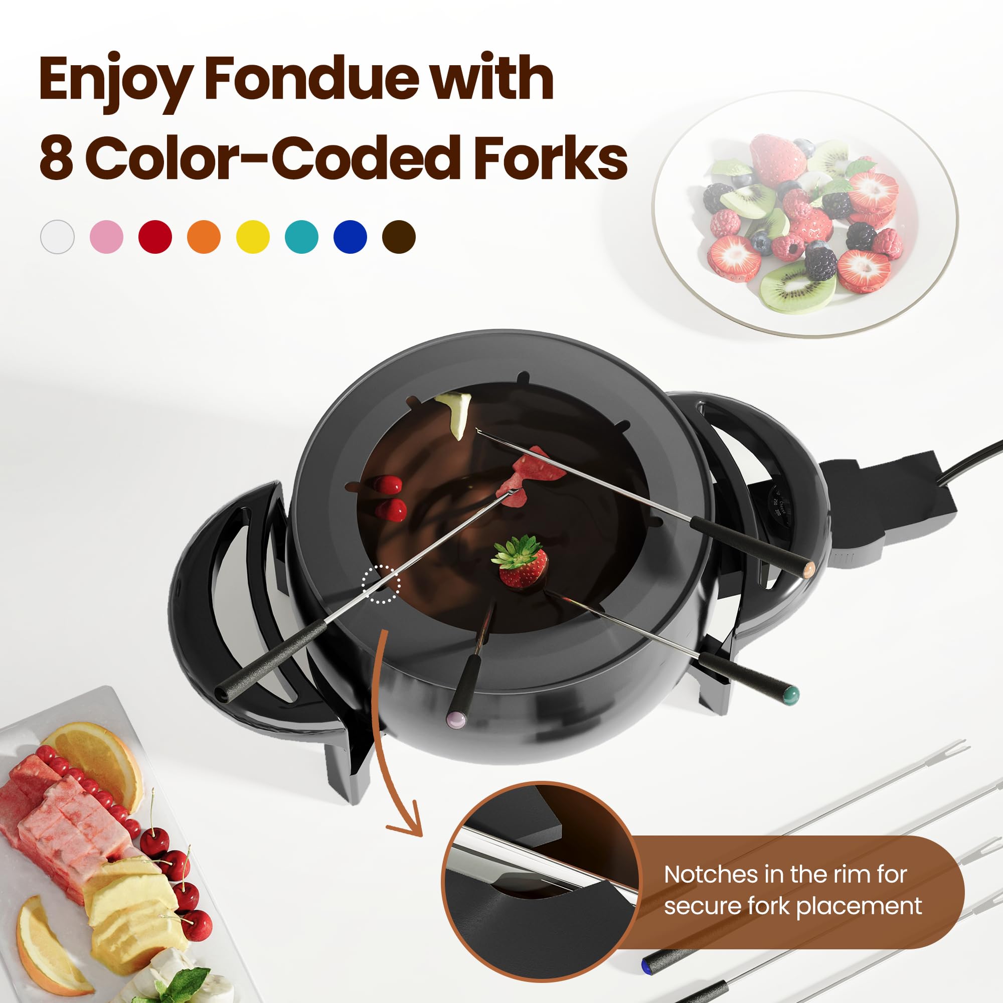 Electric Fondue Pot Set, 3 Quart Fondue Set for Melting Chocolate Cheese with 8 Color-Coded Forks, Adjustable Temp Control, 1000W Non-Stick Fondue Maker for Dessert, Broth and Oil