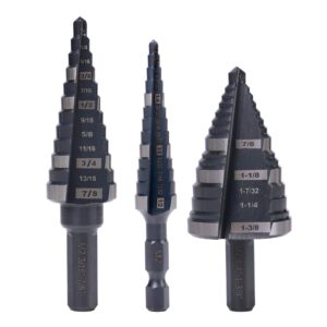 jerax tools 1/2", 7/8" & 1-3/8" step drill bit set, straight grooved double fluted m2 high speed steel drill bits for hole drilling in stainless steel, copper, aluminum, wood,plastic