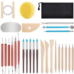 jrkoo clay tools kit,28 pcs pottery tools,polymer clay tools,air dry clay tools set for kids, adults,pottery craft,drawing,dotting,carving,molding,baking,modeling,shaping