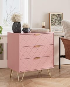 aobafuir 3 drawer dresser for bedroom, modern closet dressers chest of drawers, storage dresser chest cabinet organizer unit, small fluted dresser for bedroom (pink diamond)